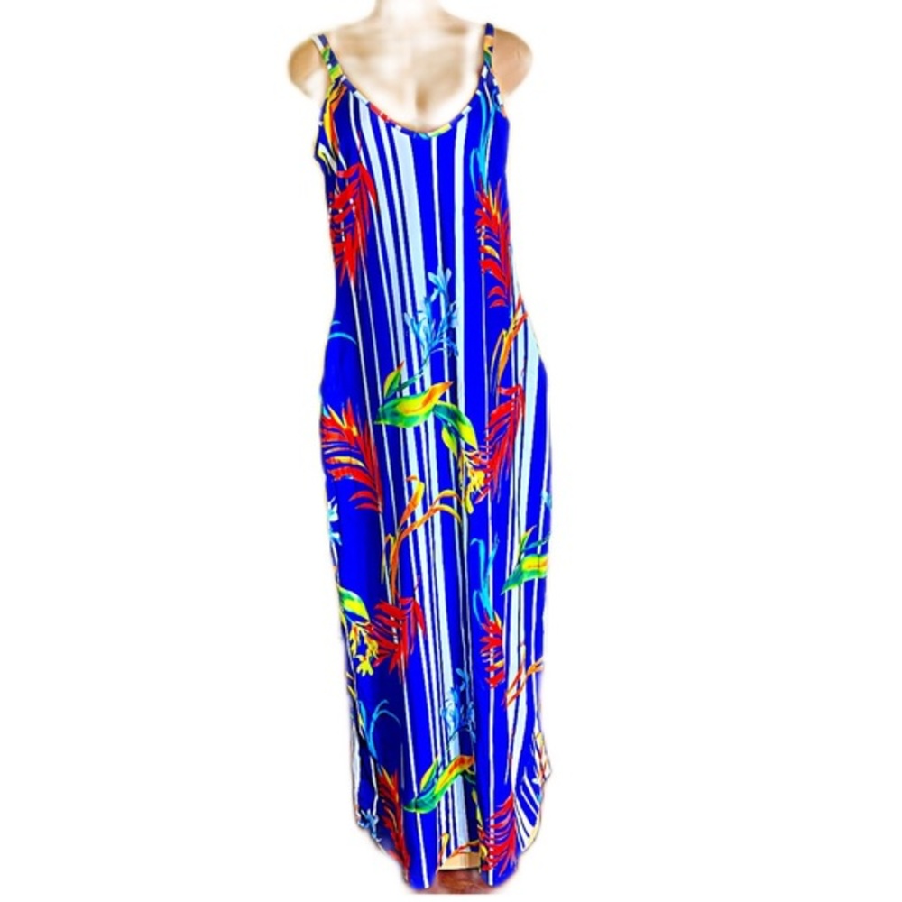 Floral Printed Boho Sundresses Casual Maxi Dress with Pockets -Azul Blue L/XL